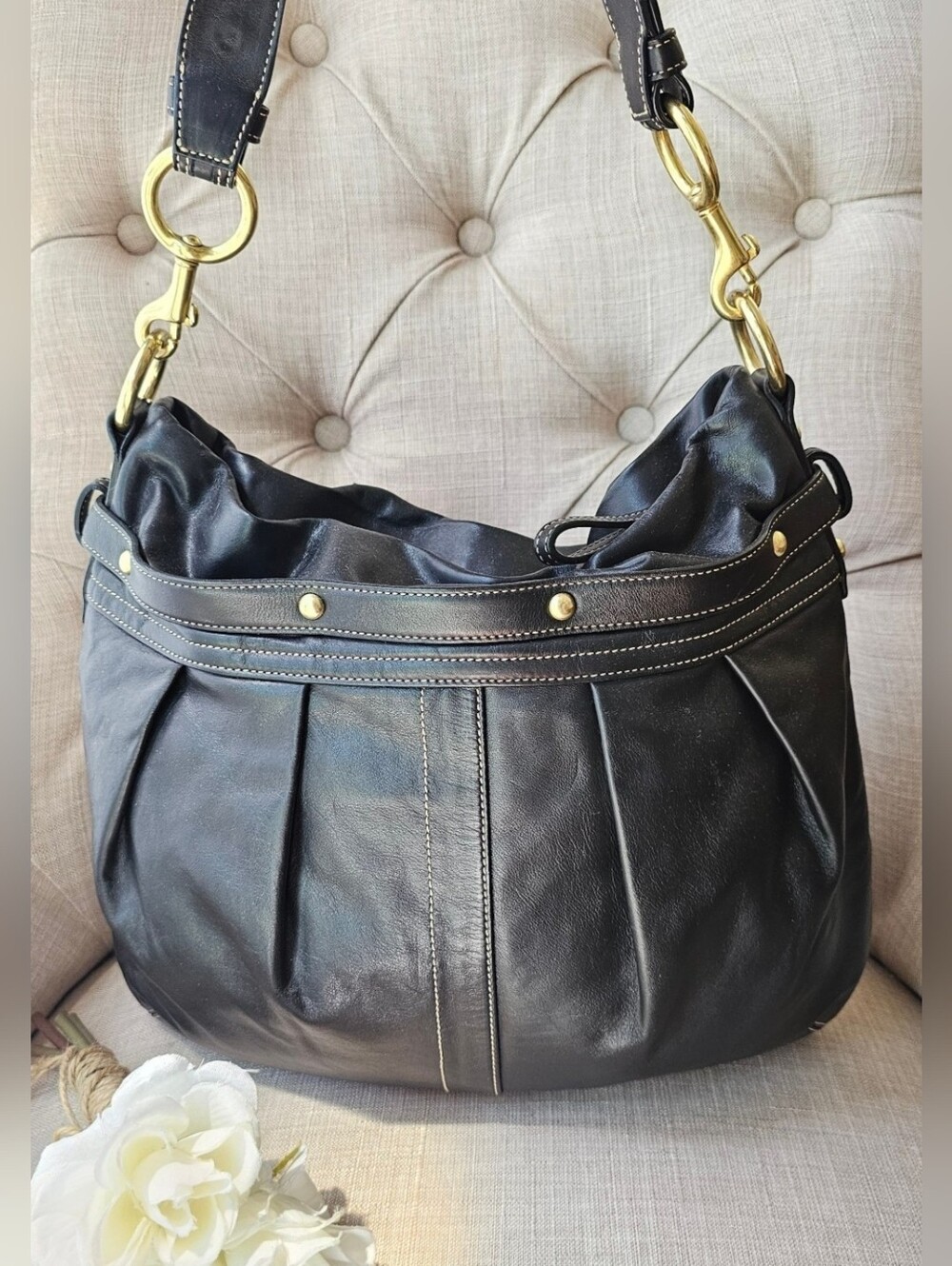 Vintage Coach Hamptons Pleated Leather Horsebit Hobo Shoulder Bag Purse - Picture 2 of 12